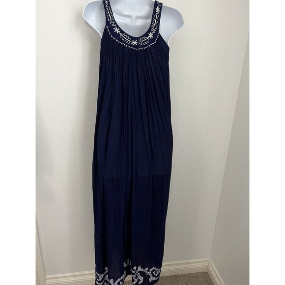 IN-GEAR Boho Navy Blue crinkle boho maxi dress hippie sleeveless embroidered OS - Picture 5 of 9